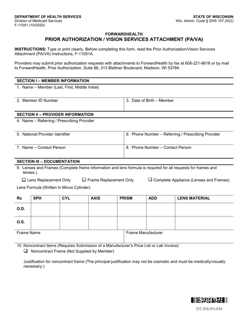 Form F-11051 Prior Authorization/Vision Services Attachment (Pa/VA) - Wisconsin