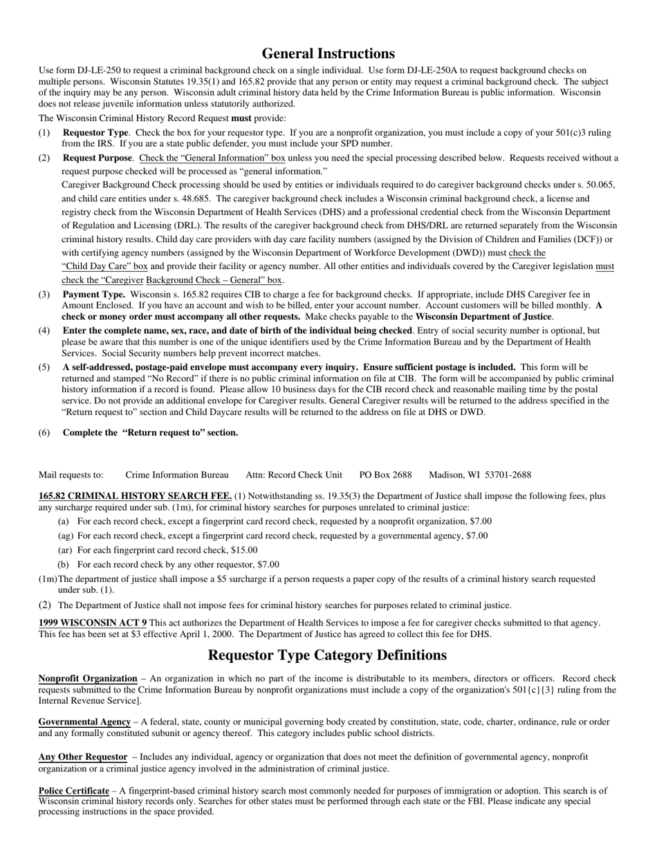Form DJ-LE-250 Wisconsin Criminal History Single Name Record Request - Wisconsin, Page 2