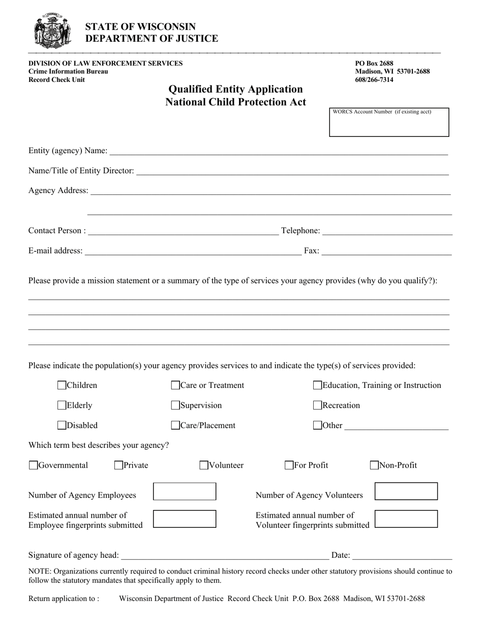 Qualified Entity Application - National Child Protection Act - Wisconsin, Page 1
