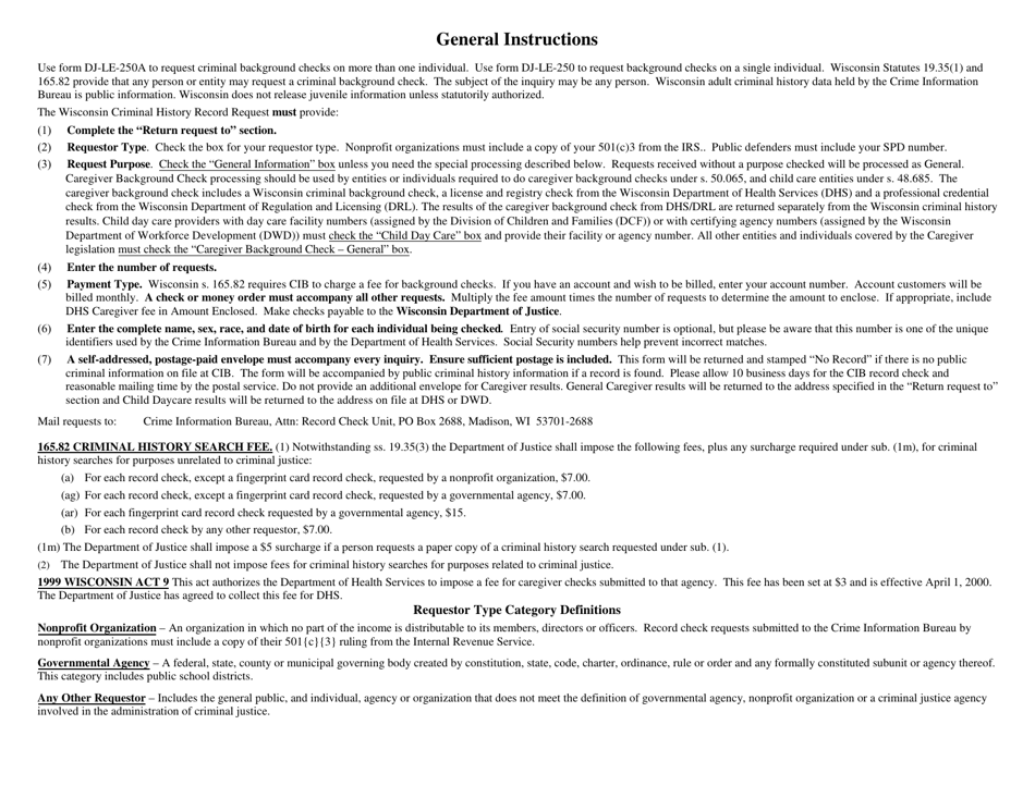 Form DJ-LE-250A Wisconsin Criminal History Multiple Name Record Request - Wisconsin, Page 2