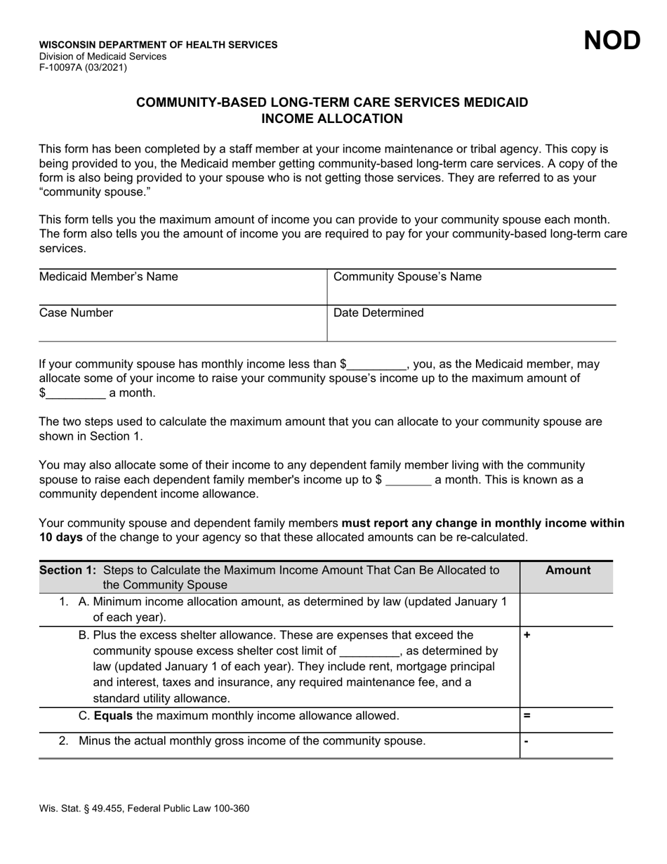 Form F-10097A Community-Based Long-Term Care Services Medicaid Income Allocation - Wisconsin, Page 1