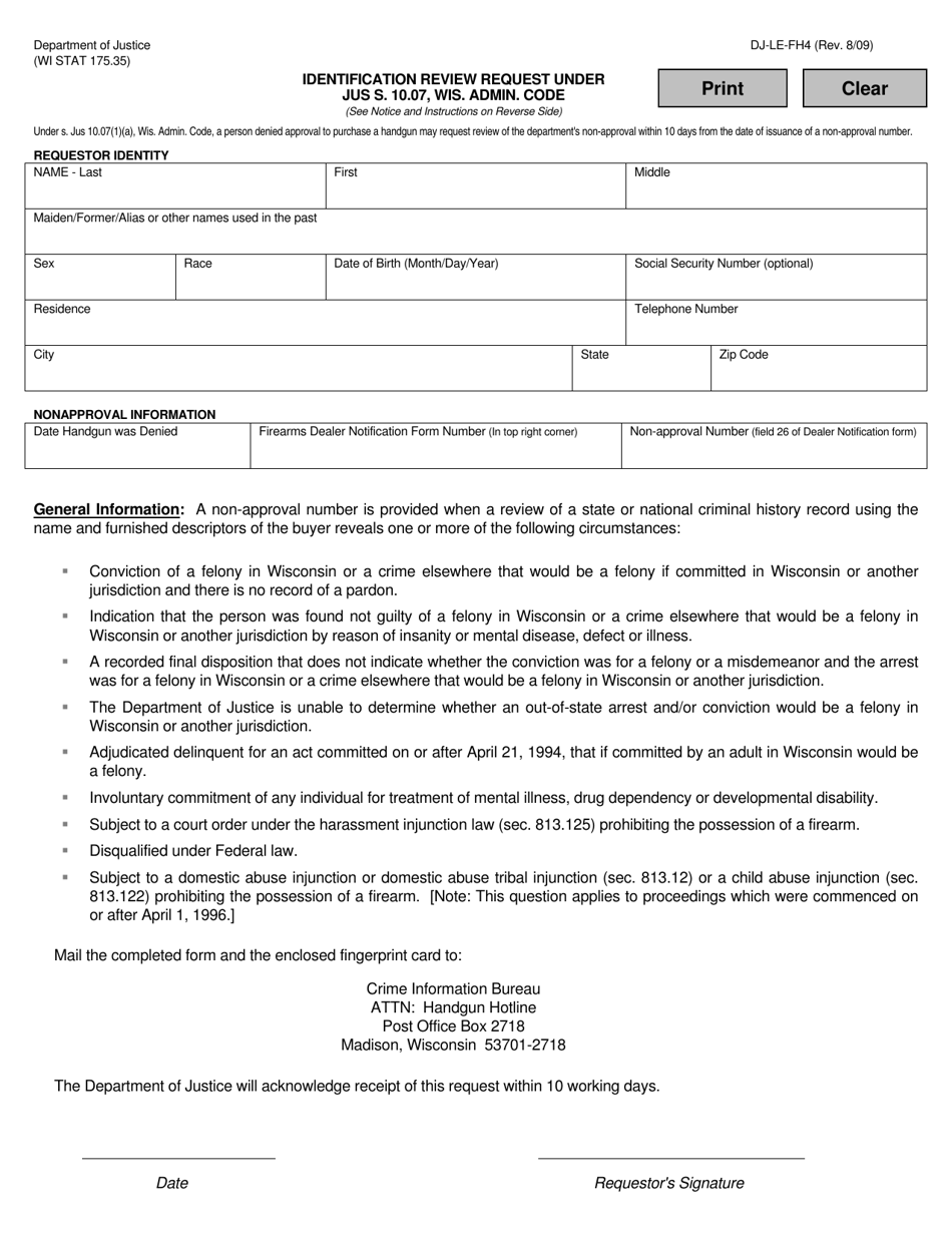 Form DJ-LE-FH4 Identification Review Request Under Jus S. 10.07, Wis. Admin. Code - Wisconsin, Page 1