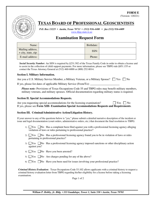 Form E Examination Request Form - Texas