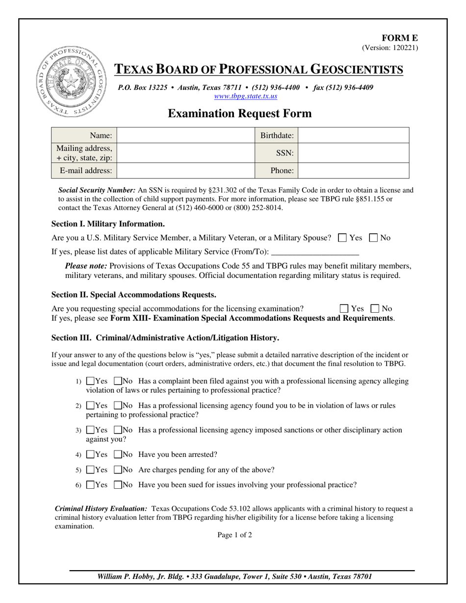 Form E Examination Request Form - Texas, Page 1