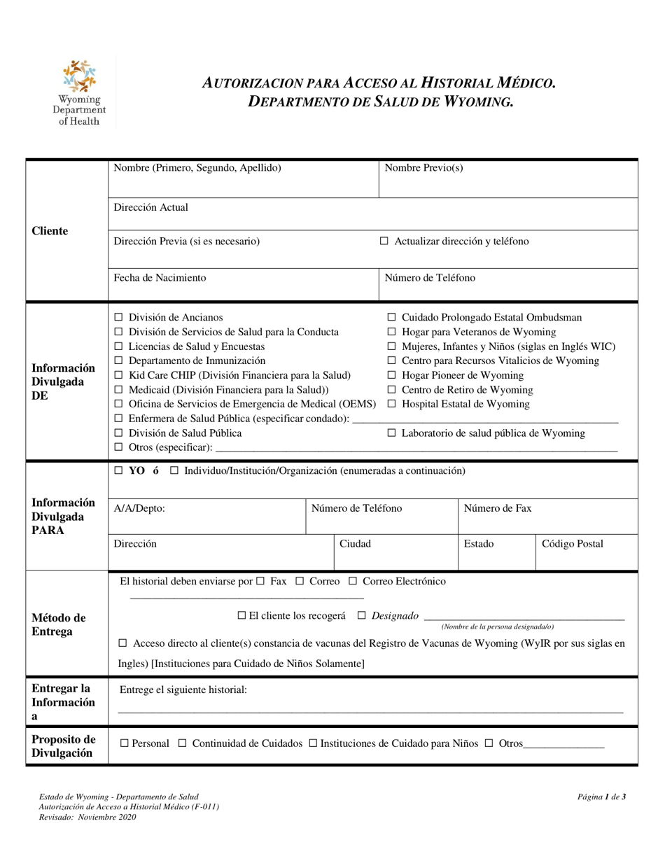 Formulario F-011 Autorizacion Para Acceso Al Historial Medico - Wyoming (Spanish), Page 1