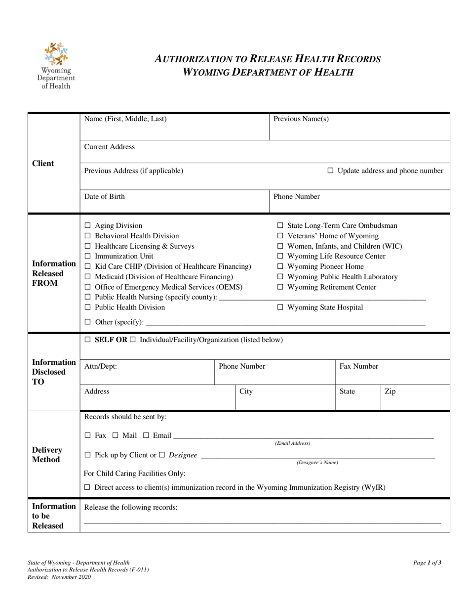Form F-011 Authorization to Release Health Records - Wyoming, Page 1