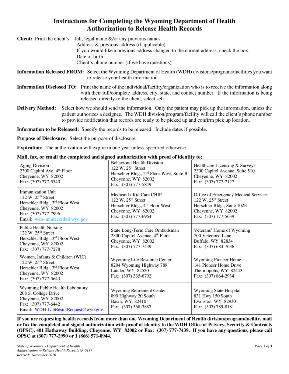 Form F-011 Authorization to Release Health Records - Wyoming, Page 3