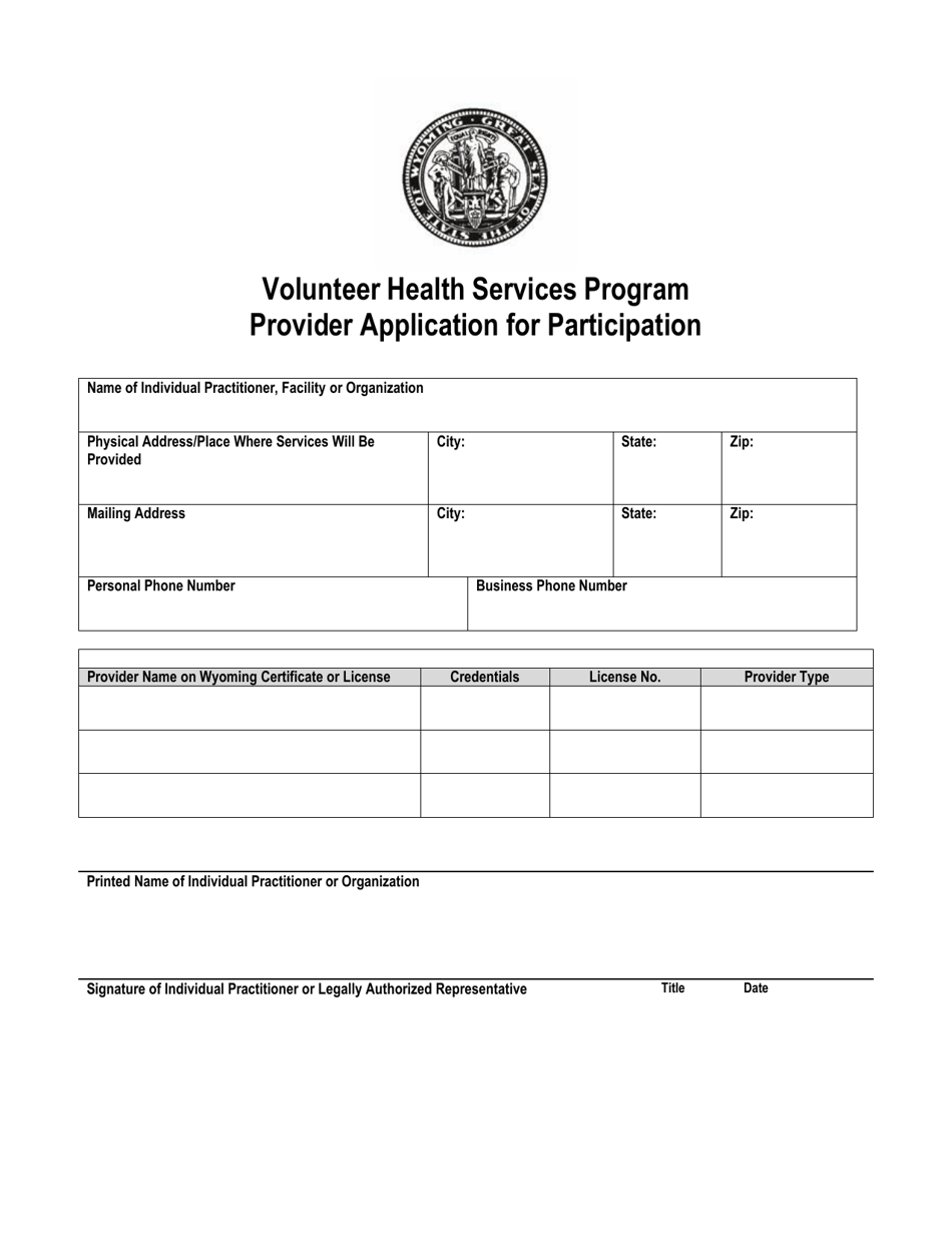 Provider Application for Participation - Volunteer Health Services Program - Wyoming, Page 1
