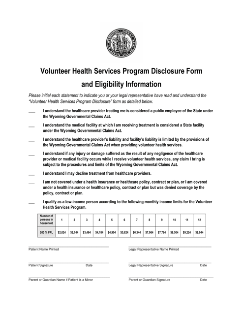 Disclosure Form and Eligibility Information - Volunteer Health Services Program - Wyoming