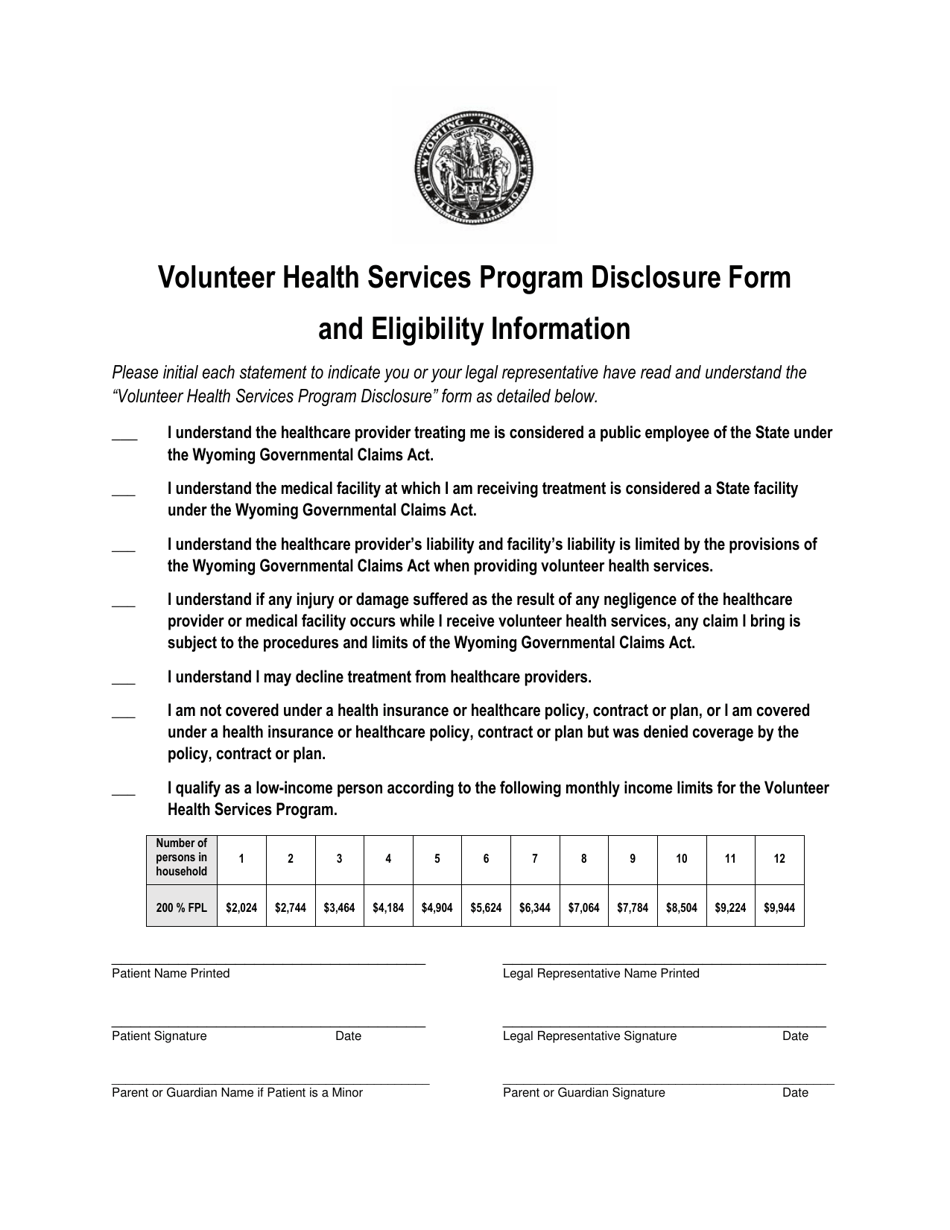 Disclosure Form and Eligibility Information - Volunteer Health Services Program - Wyoming, Page 1