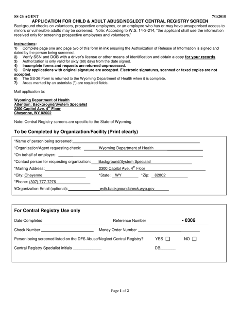 Form SS-26 AGENT Application for Child & Adult Abuse/Neglect Central Registry Screen - Wyoming