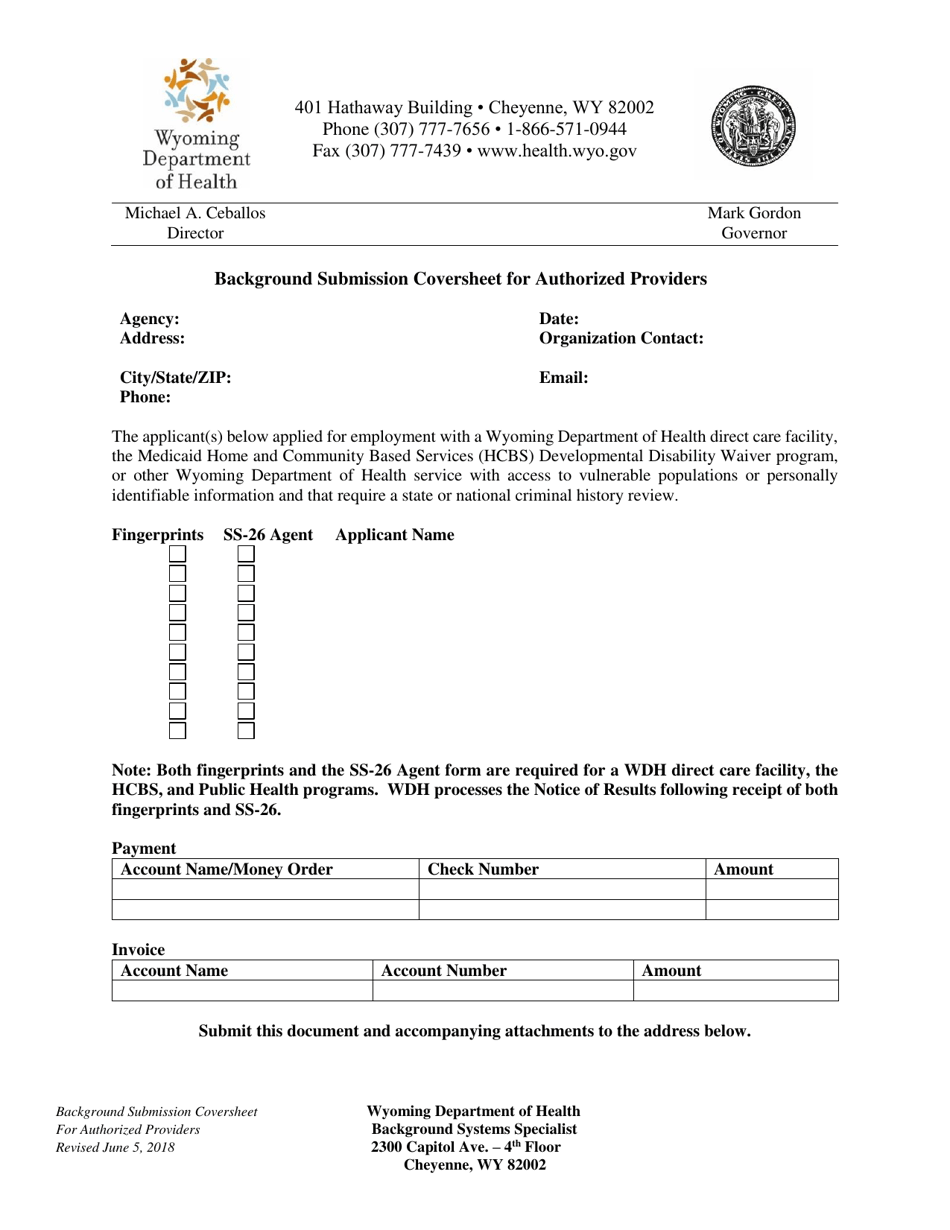 Background Submission Coversheet for Authorized Providers - Wyoming, Page 1