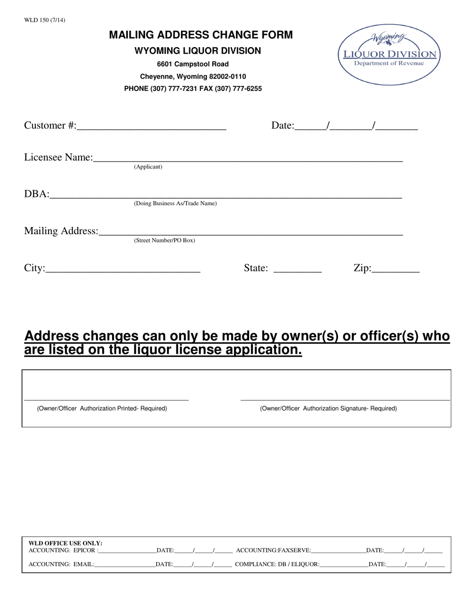 Form WLD150 Mailing Address Change Form - Wyoming, Page 1
