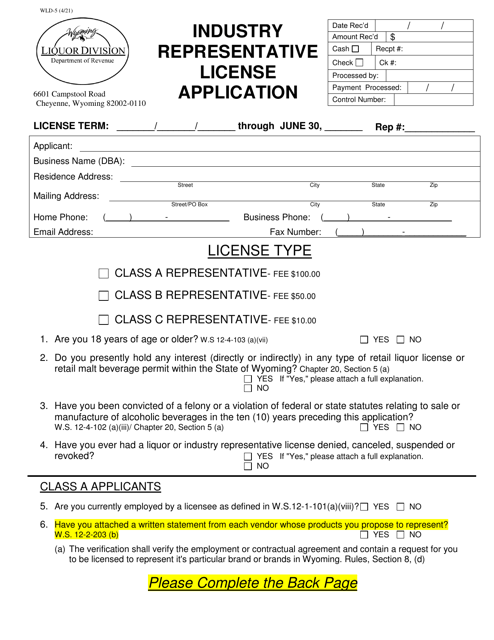 Form WLD-5 Industry Representative License Application - Wyoming