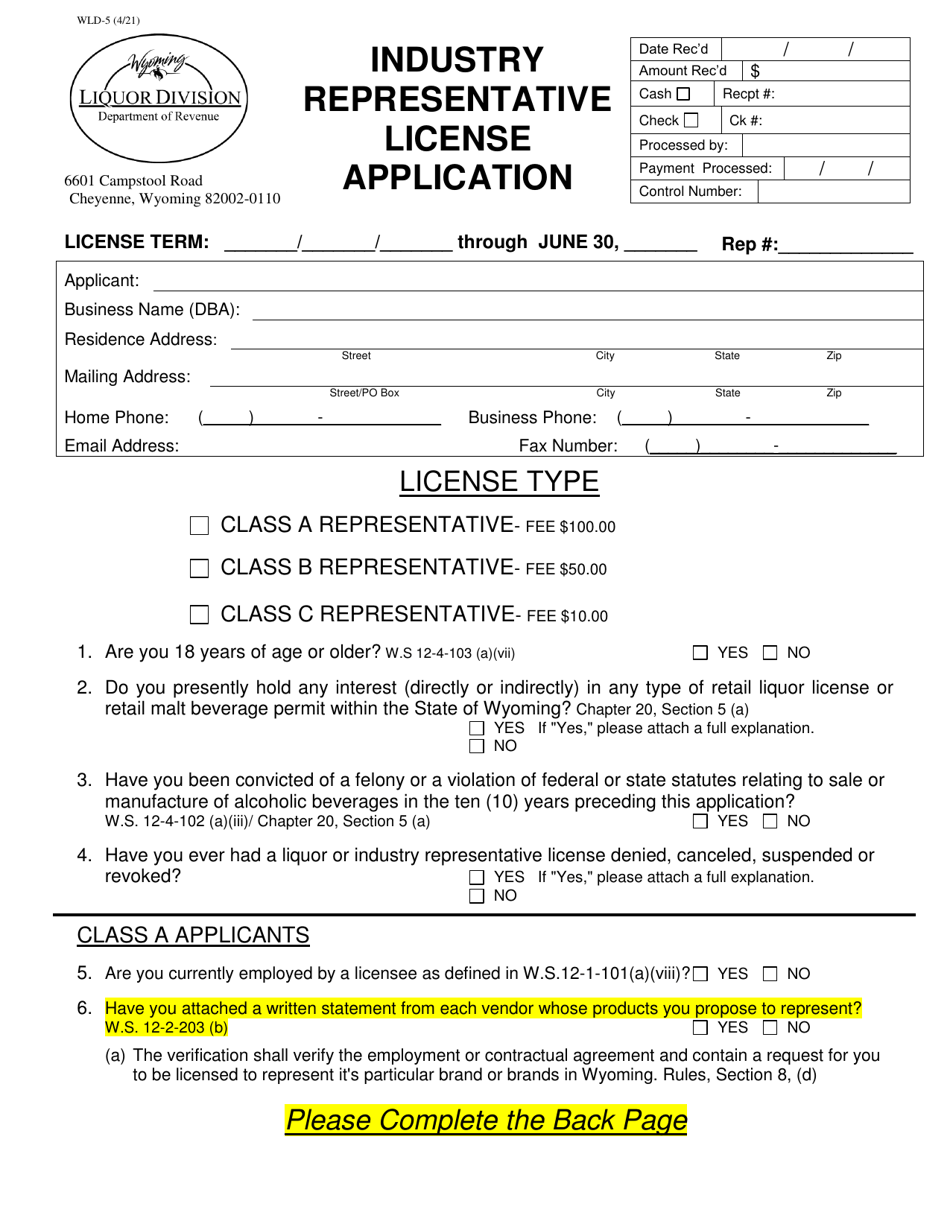Form WLD-5 Industry Representative License Application - Wyoming, Page 1