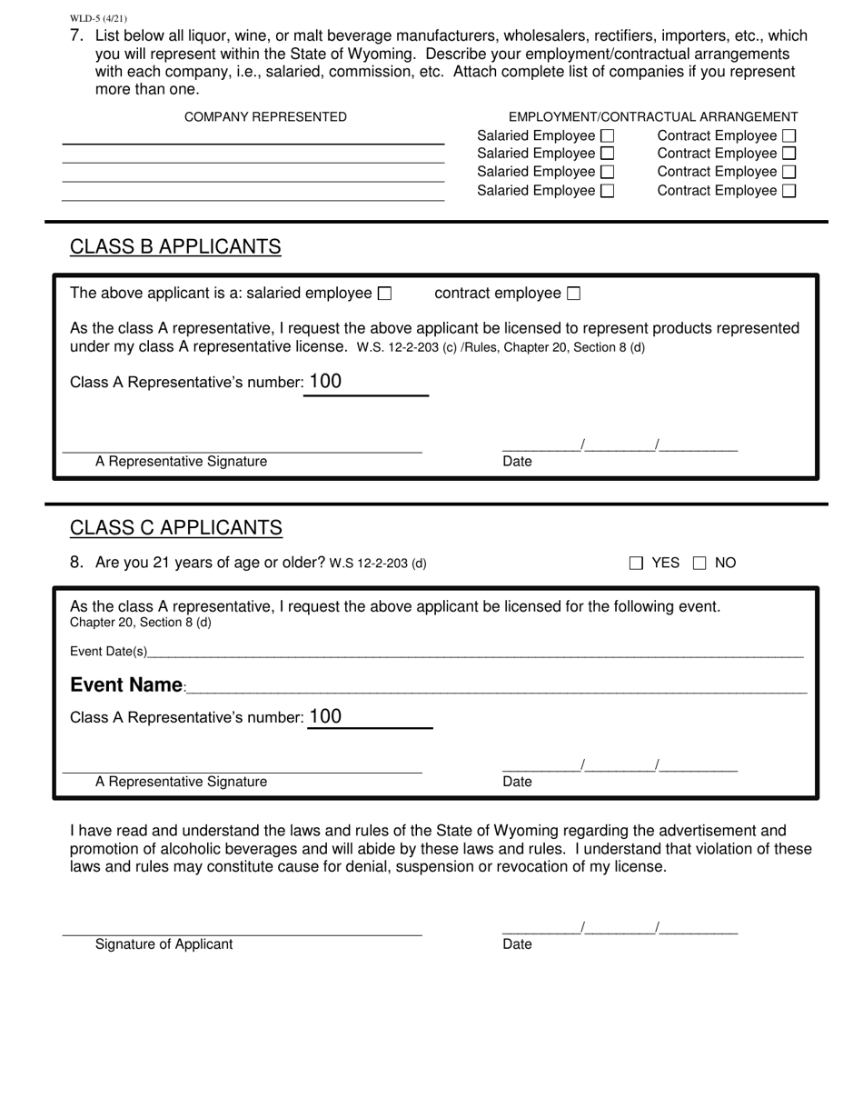 Form WLD-5 Industry Representative License Application - Wyoming, Page 2