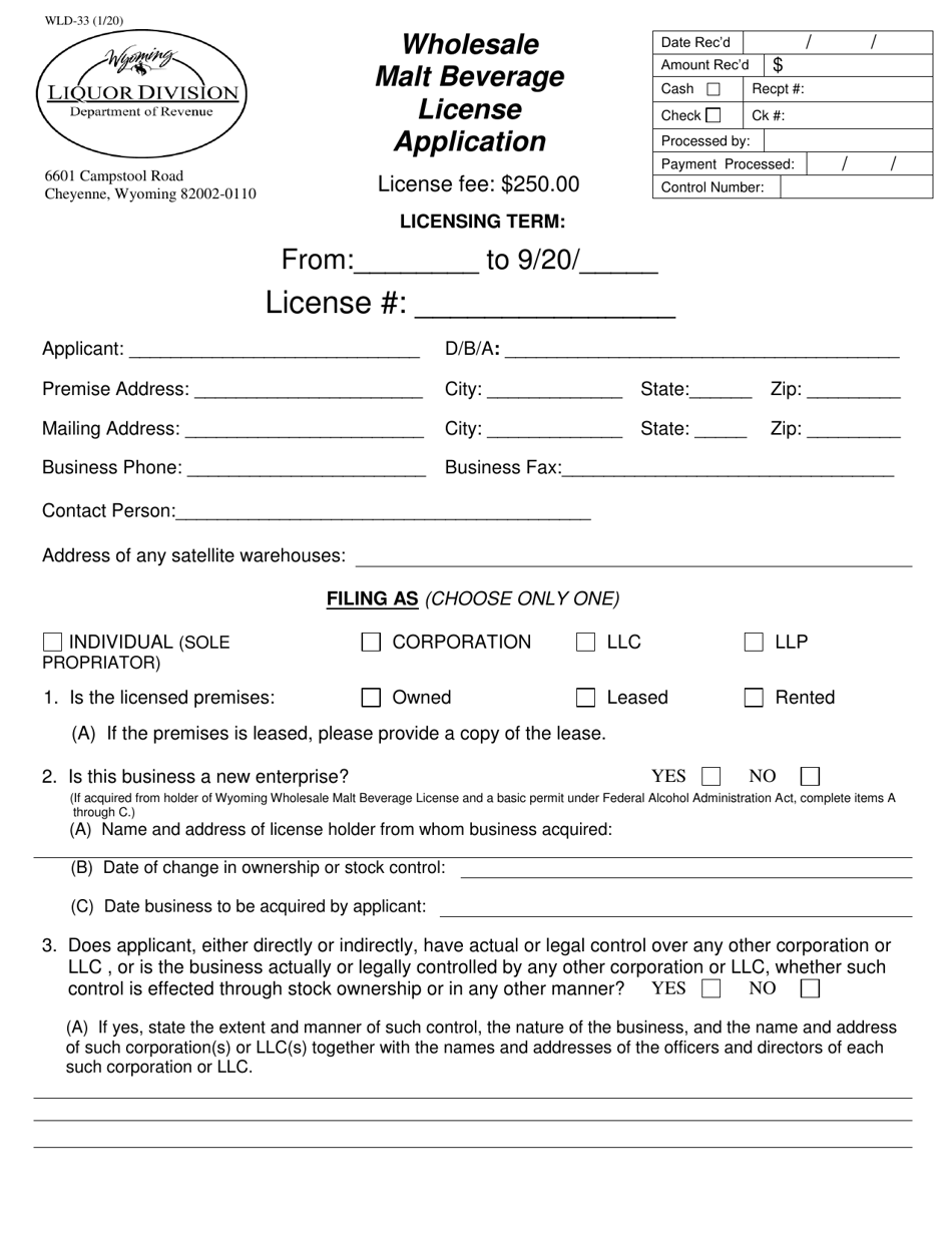Form WLD-33 Wholesale Malt Beverage License Application - Wyoming, Page 1