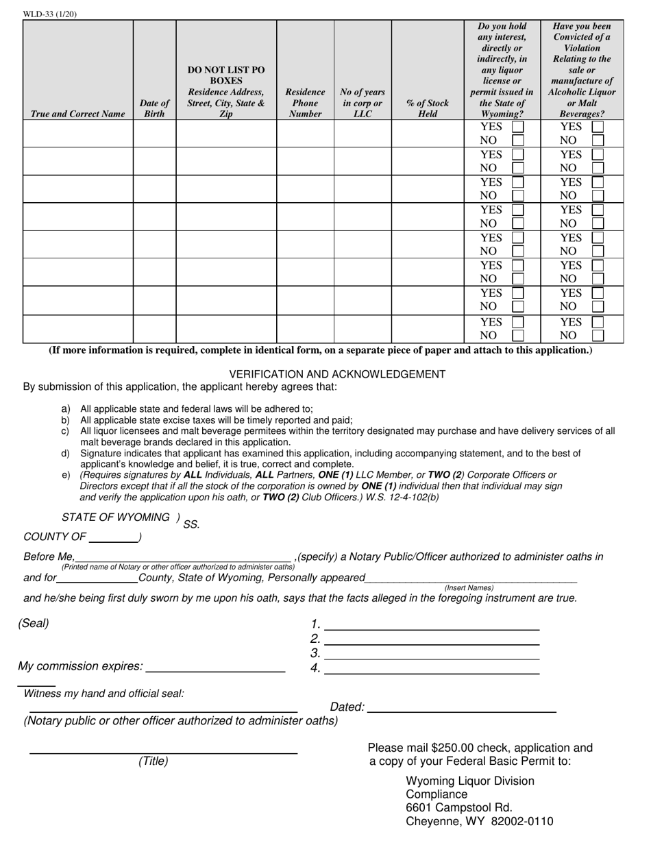 Form WLD-33 Wholesale Malt Beverage License Application - Wyoming, Page 3