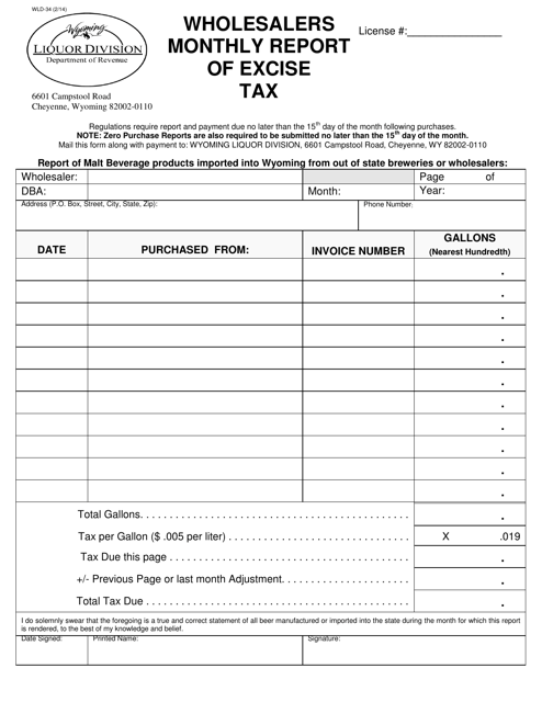 Form WLD-34 Wholesalers Monthly Report of Excise Tax - Wyoming