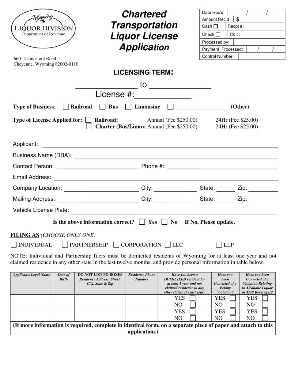 Chartered Transportation Liquor License Application - Wyoming, Page 1