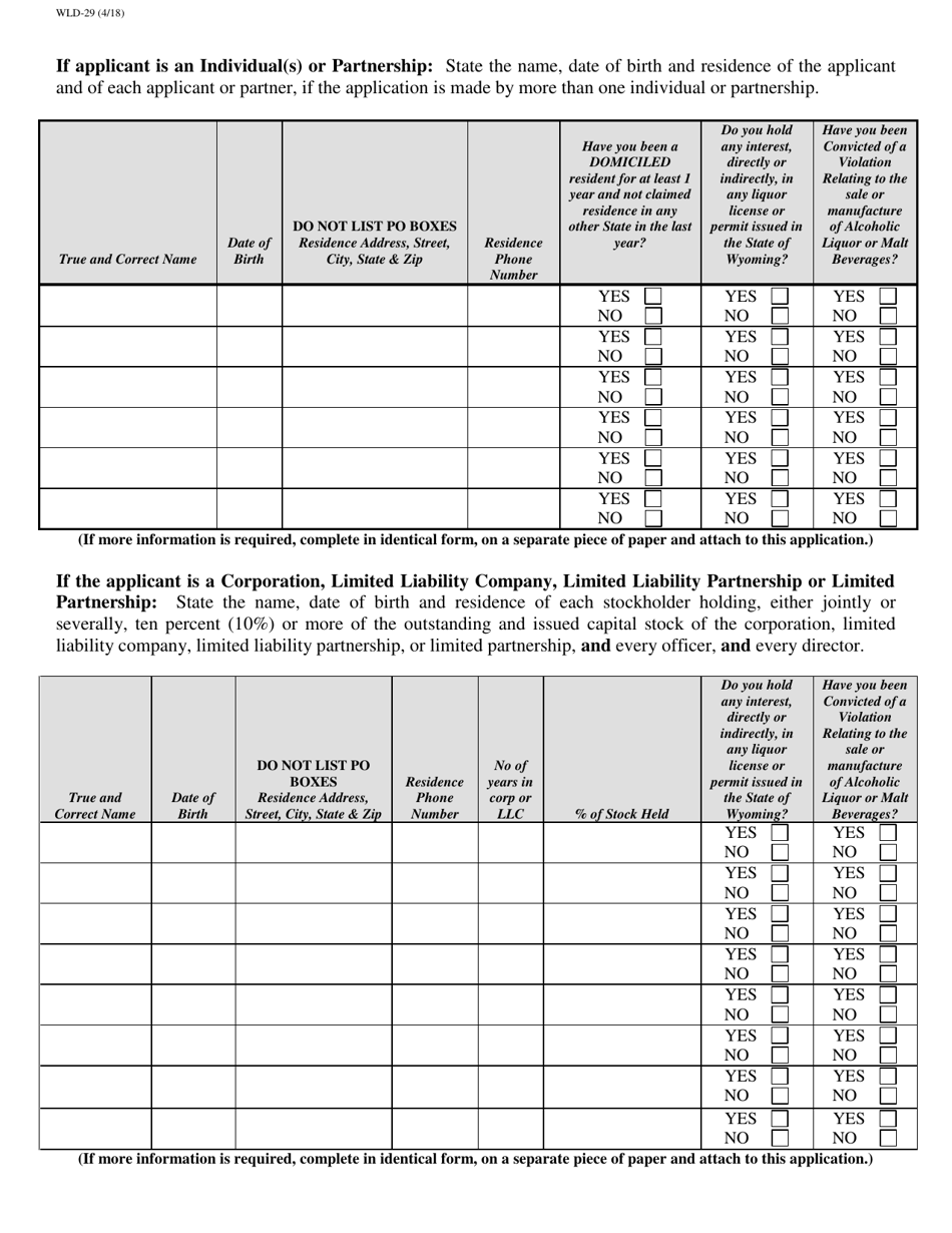 Form WLD-29 Manufacturer / Rectifier or Importer License Application - Wyoming, Page 2