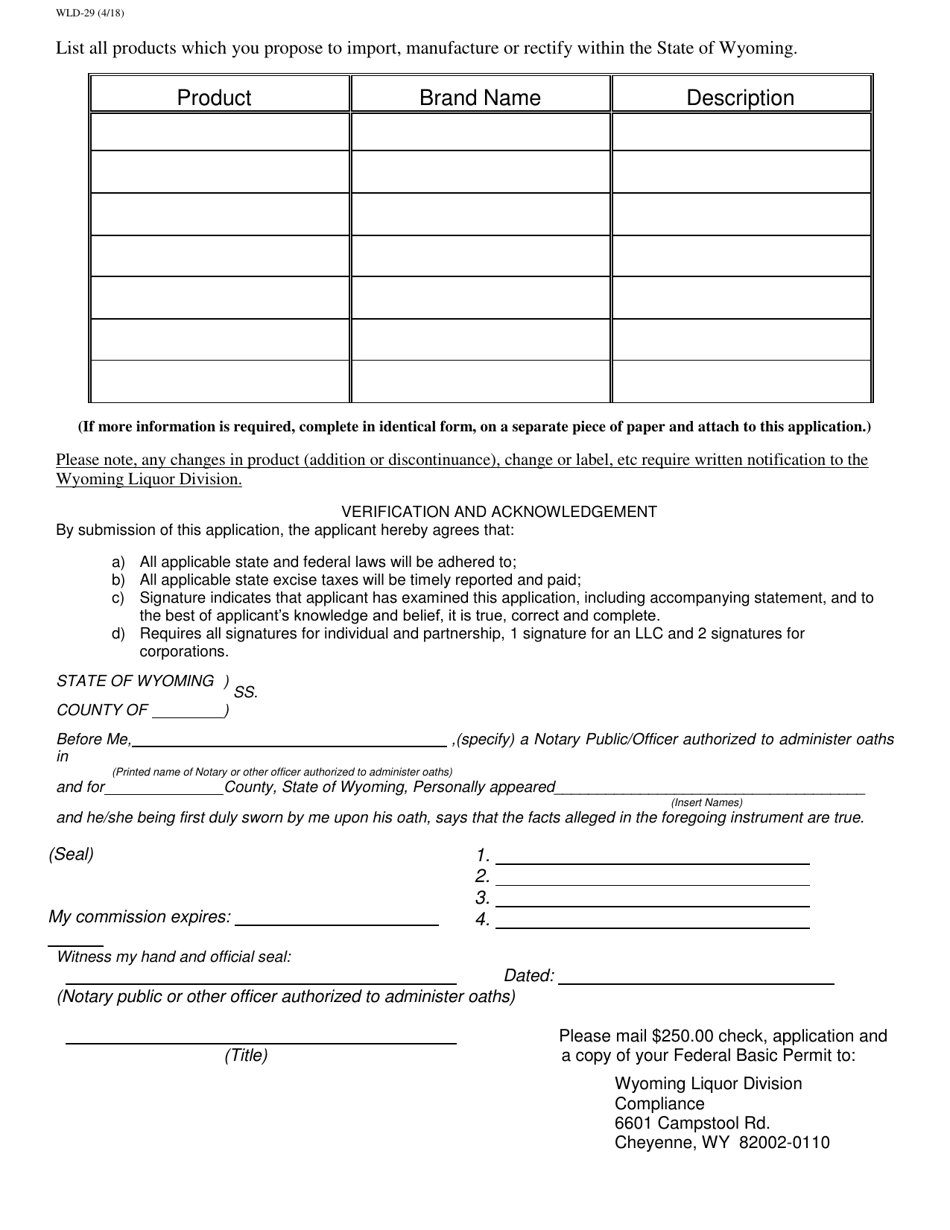Form WLD-29 Manufacturer / Rectifier or Importer License Application - Wyoming, Page 3