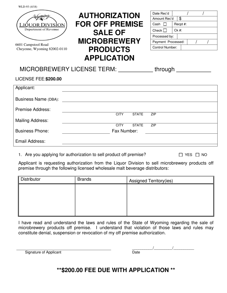 Form WLD-93 Authorization for off Premise Sale of Microbrewery Products Application - Wyoming, Page 1
