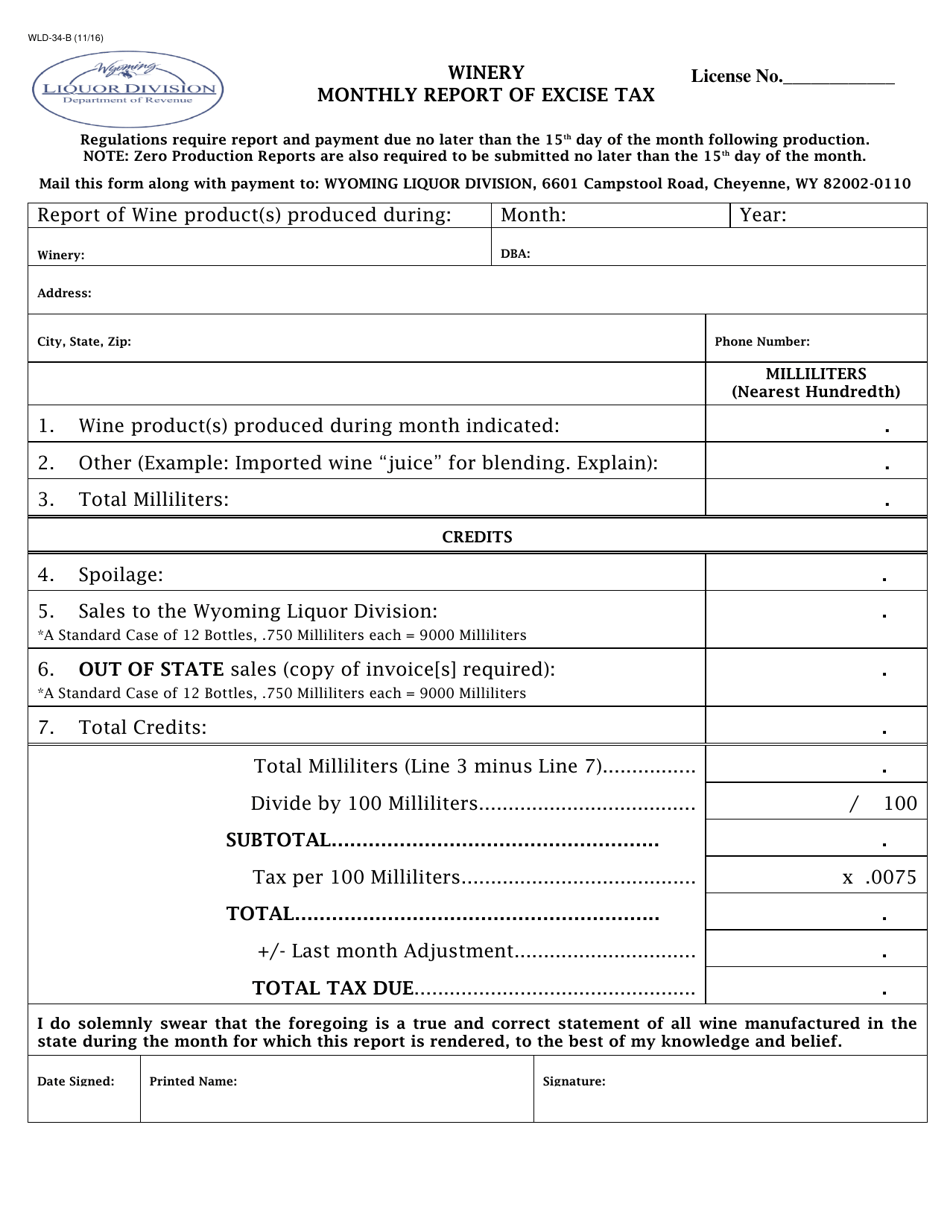 Form WLD-34-B Winery Monthly Report of Excise Tax - Wyoming, Page 1