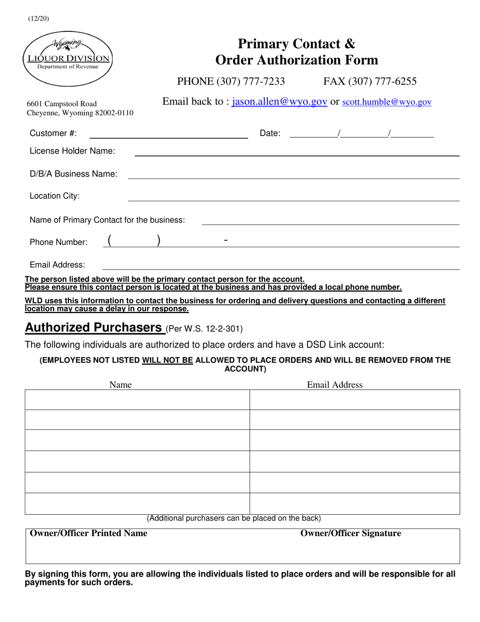 Primary Contact  Order Authorization Form - Wyoming, Page 1