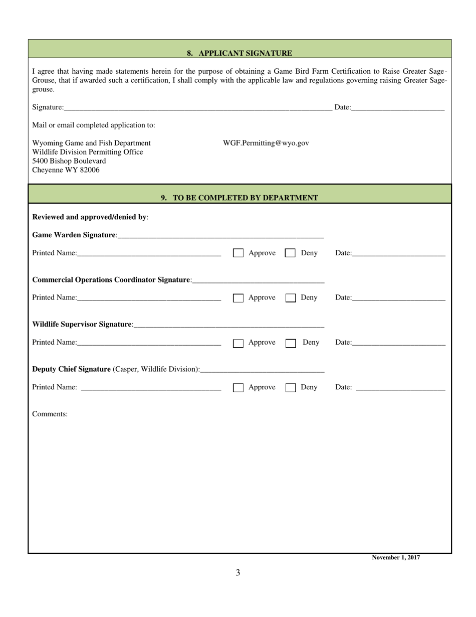 Application for Game Bird Farm Certification to Raise Greater Sage-Grouse - Wyoming, Page 3