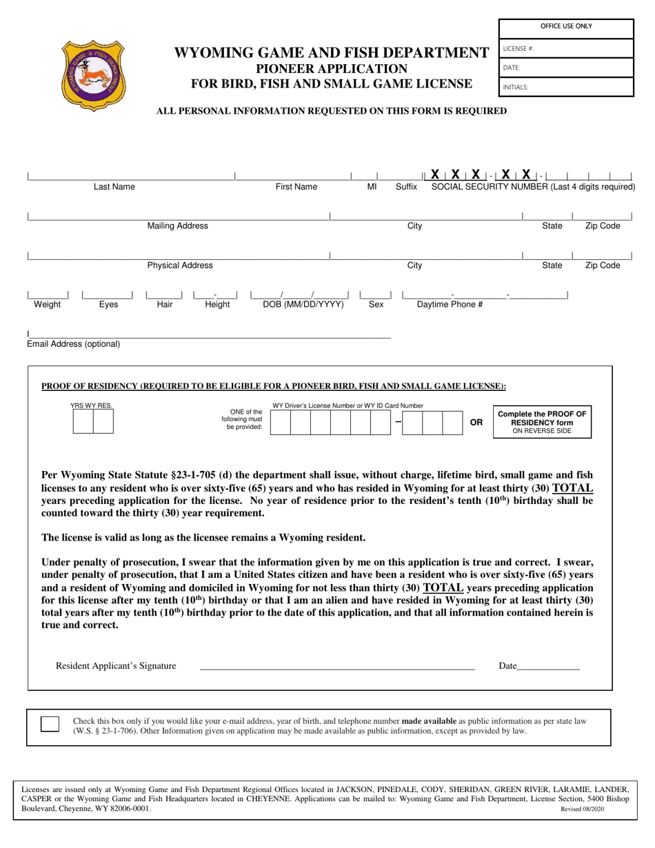 Wyoming Pioneer Application for Bird, Fish and Small Game License
