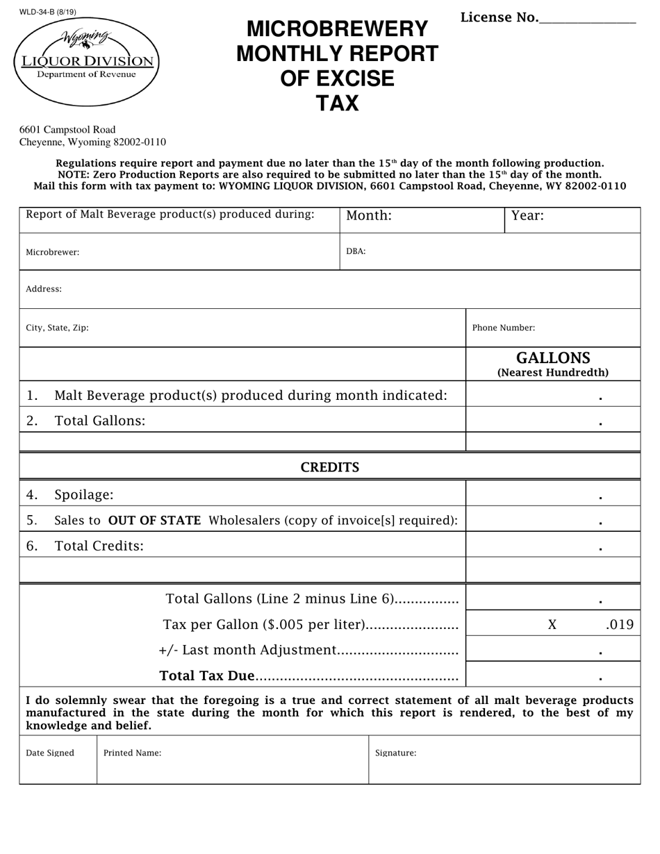 Form WLD-34-B Microbrewery Monthly Report of Excise Tax - Wyoming, Page 1