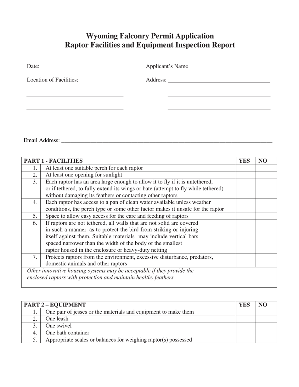 Wyoming Wyoming Falconry Permit Application Raptor Facilities and