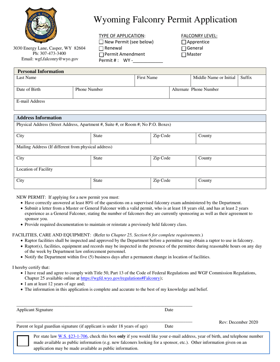 Wyoming Falconry Permit Application - Wyoming, Page 1