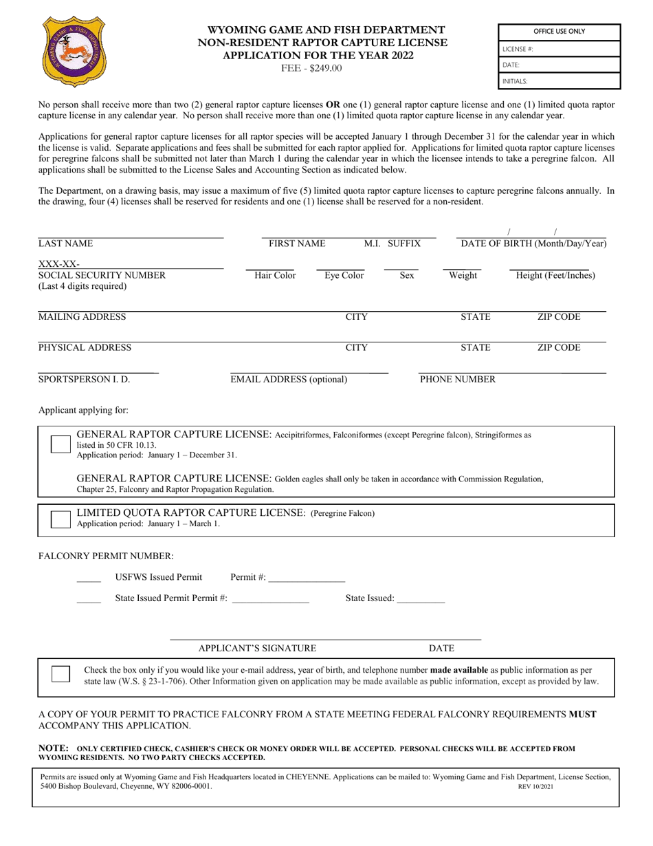 Non-resident Raptor Capture License Application - Wyoming, Page 1