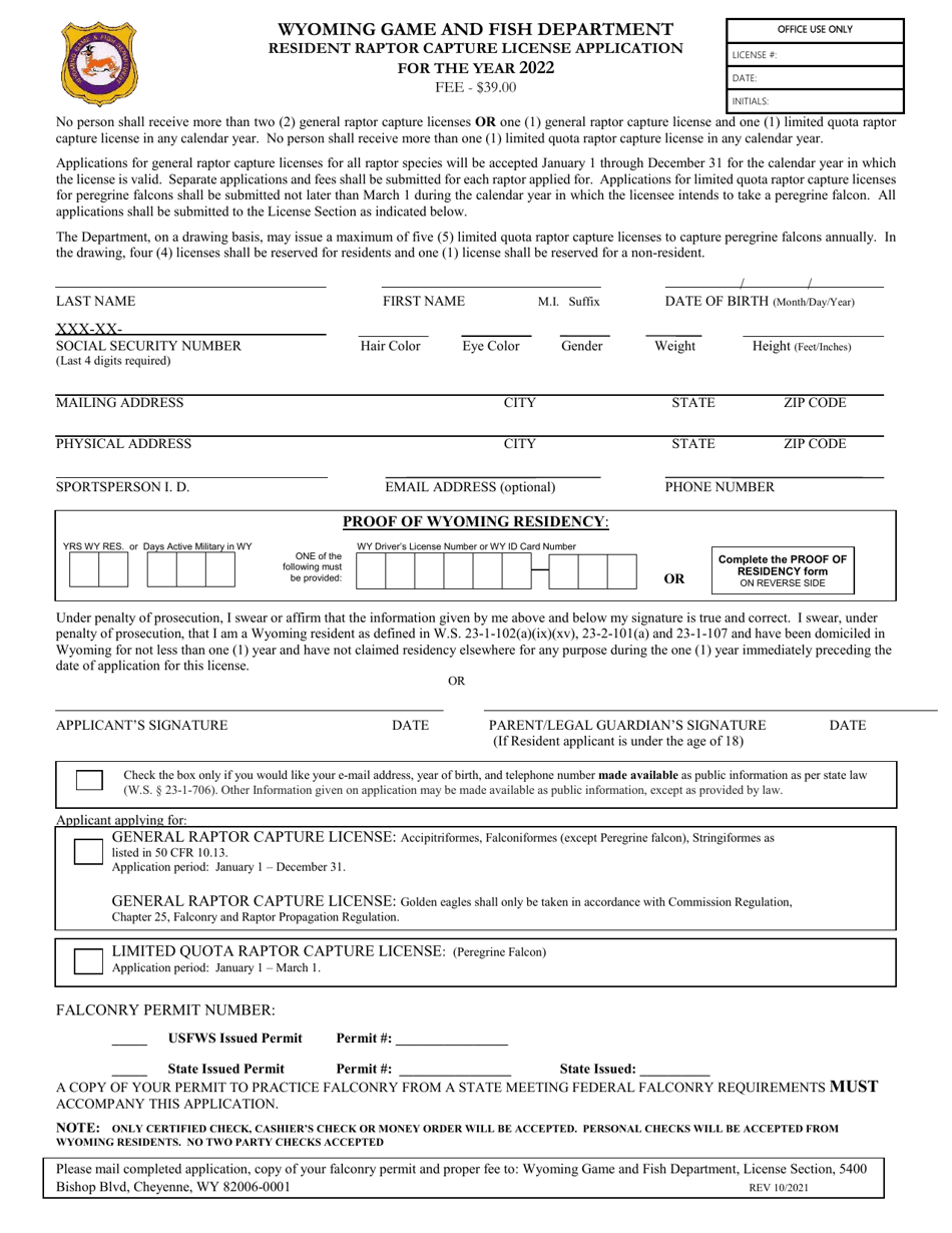 Resident Raptor Capture License Application - Wyoming, Page 1
