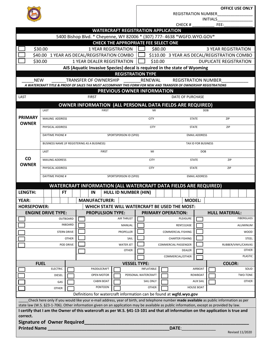 Watercraft Registration Application - Wyoming, Page 1