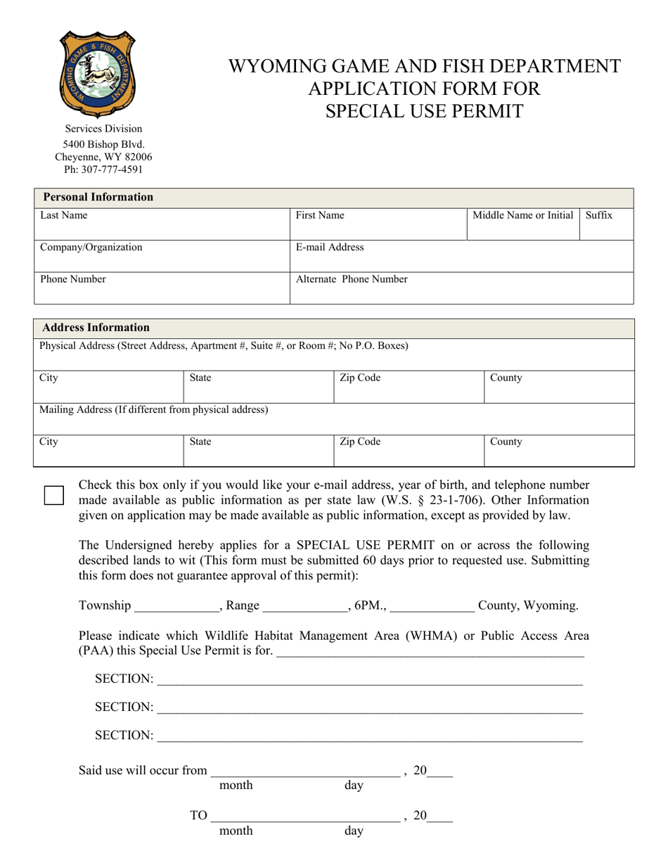 Application Form for Special Use Permit - Wyoming, Page 1