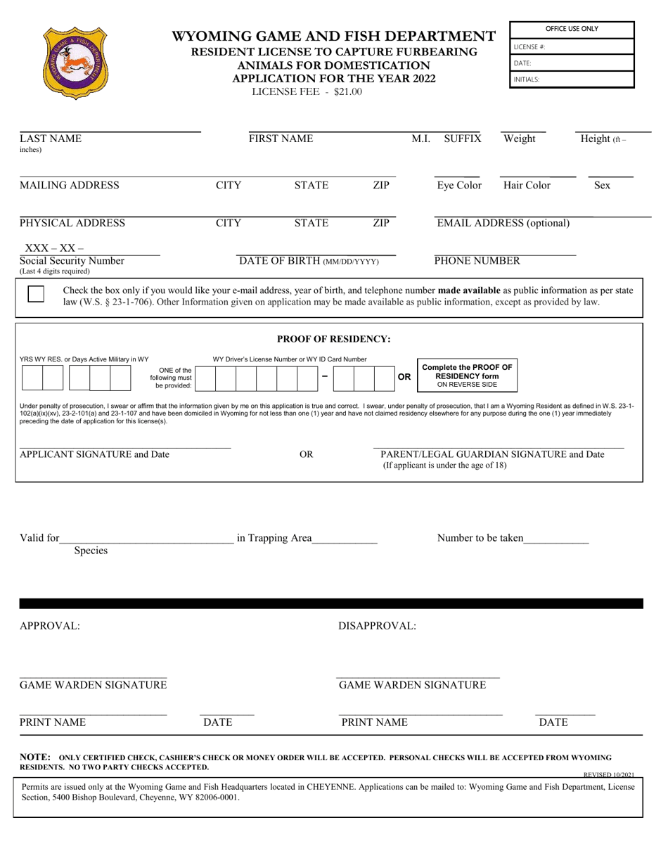 Resident License to Capture Furbearing Animals for Domestication Application - Wyoming, Page 1