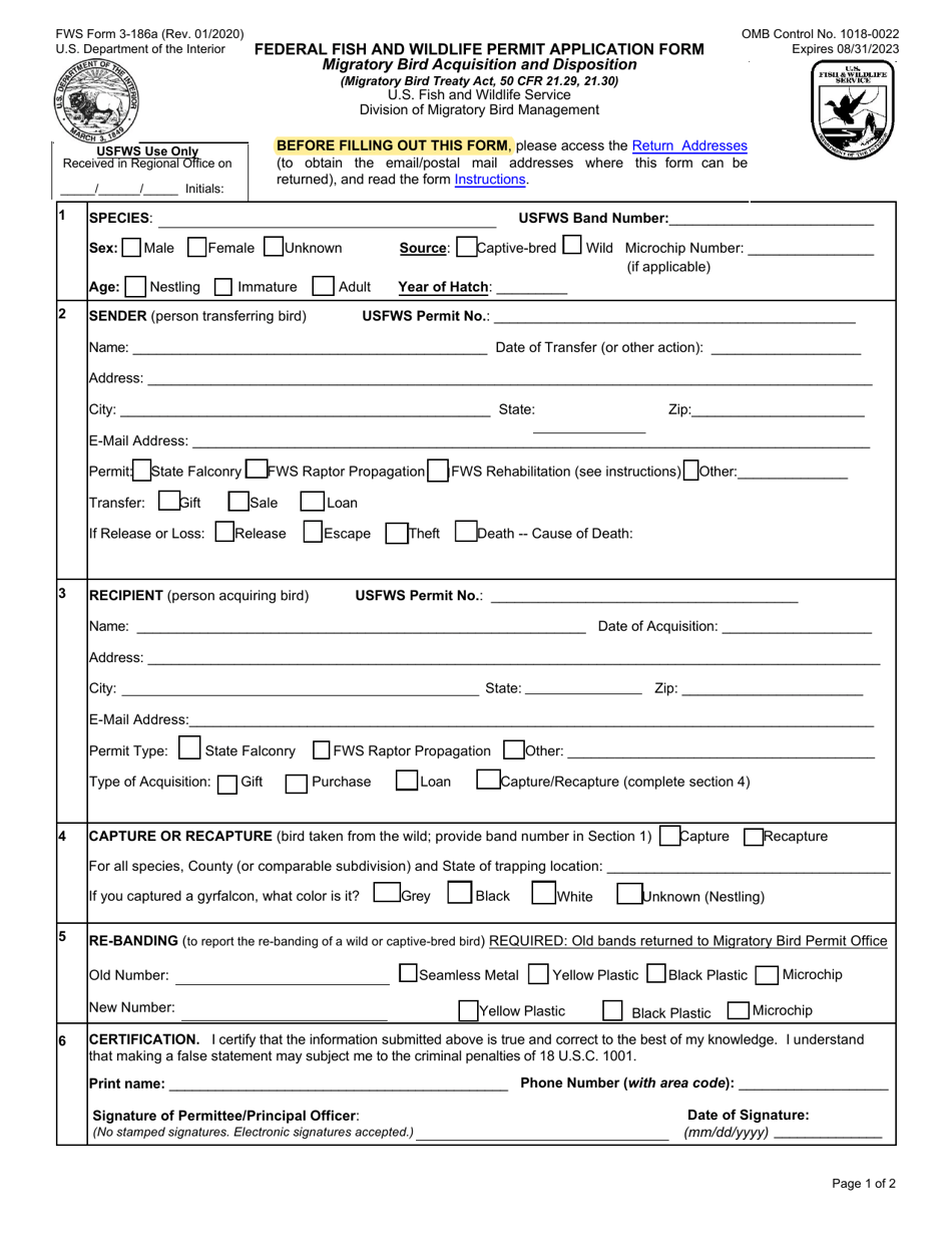 FWS Form 3-186A Migratory Bird Acquisition and Disposition Report, Page 1