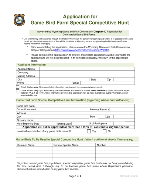 Application for Game Bird Farm Special Competitive Hunt - Wyoming