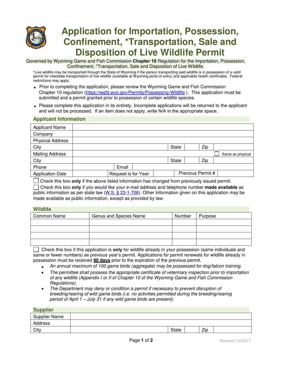 Application for Importation, Possession, Confinement, Transportation,sale and Disposition of Live Wildlife Permit - Wyoming, Page 1