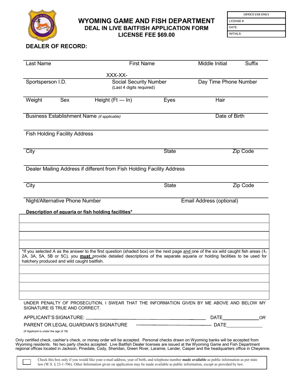 Deal in Live Baitfish Application Form - Wyoming, Page 1