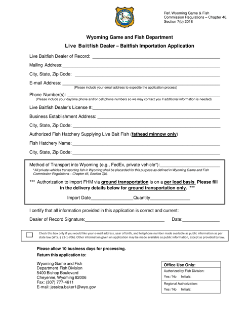 Live Baitfish Dealer - Baitfish Importation Application - Wyoming