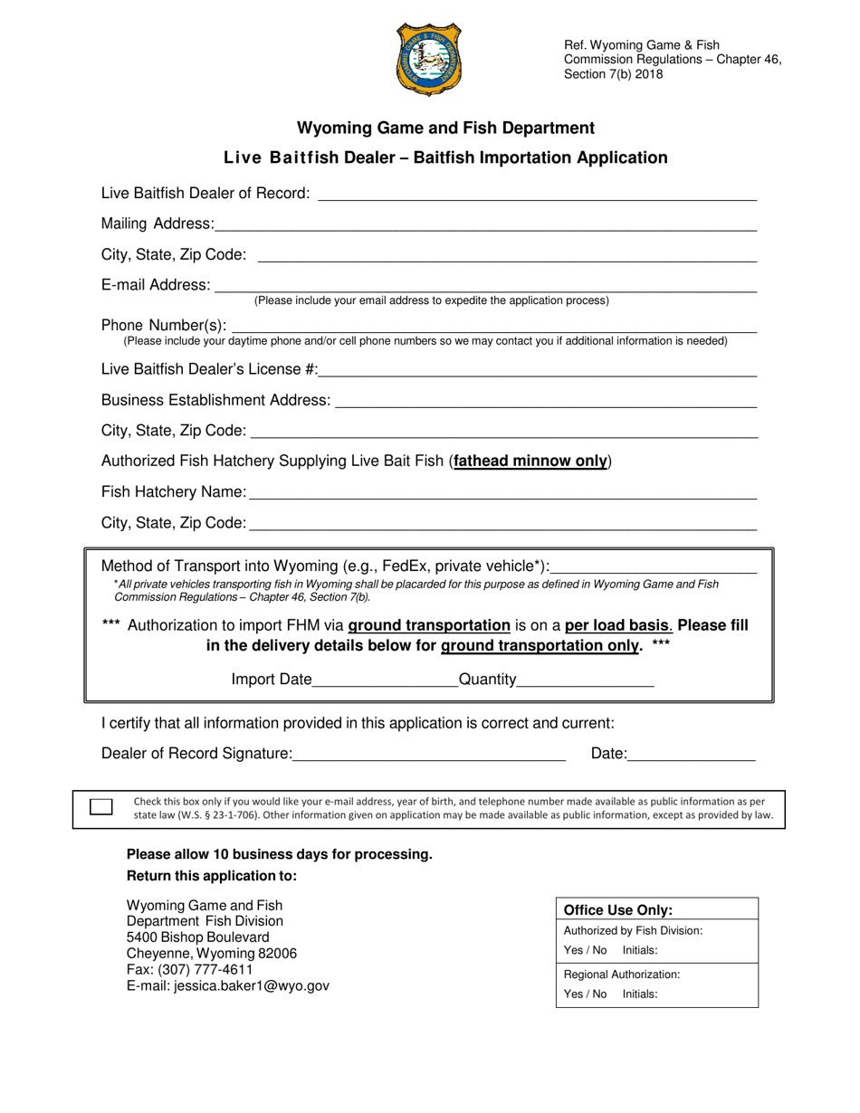 Wyoming Live Baitfish Dealer - Baitfish Importation Application - Fill ...