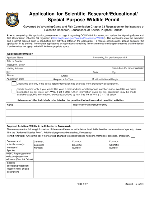Application for Scientific Research / Educational / Special Purpose Wildlife Permit - Wyoming Download Pdf