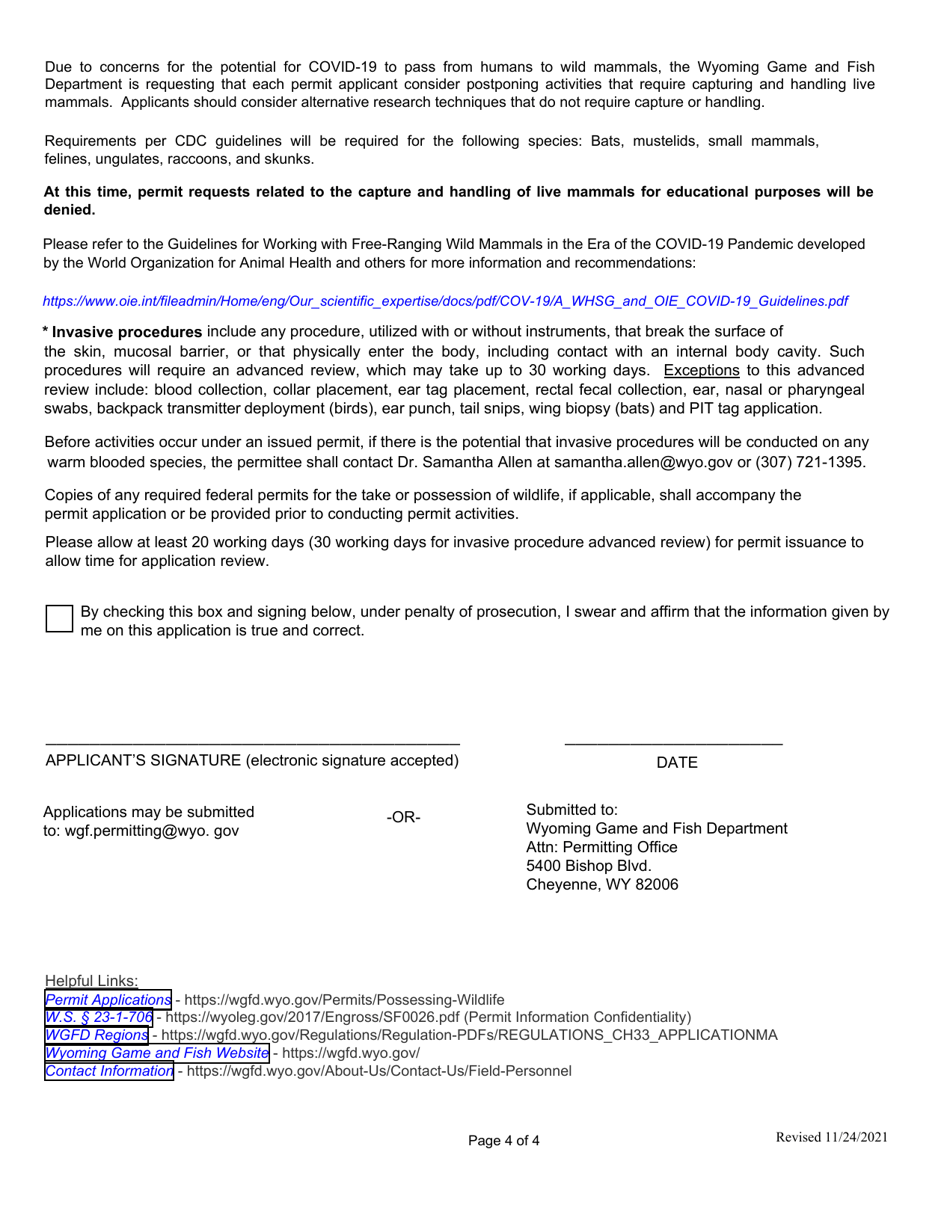 Application for Scientific Research / Educational / Special Purpose Wildlife Permit - Wyoming, Page 4