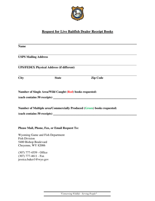 Request for Live Baitfish Dealer Receipt Books - Wyoming Download Pdf