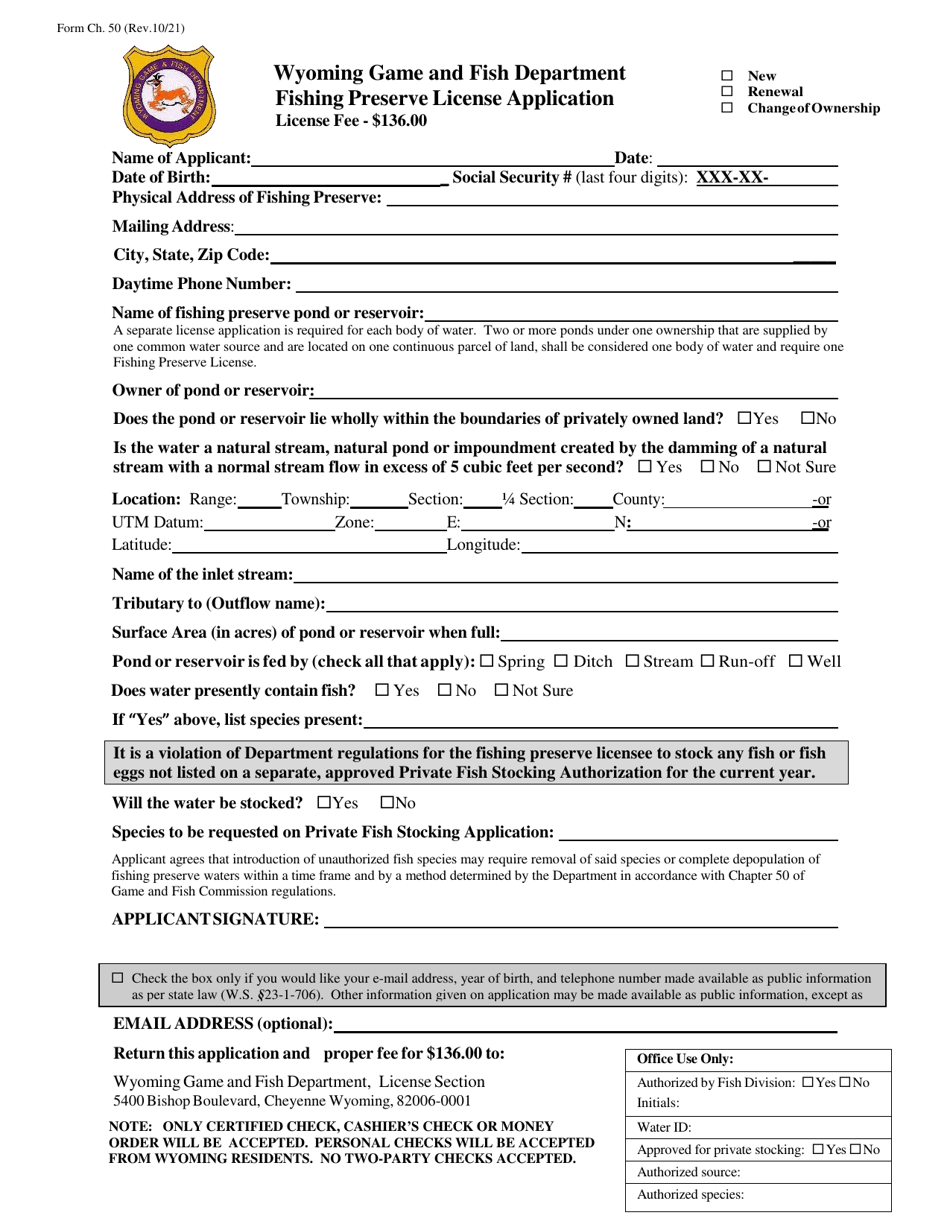 Fishing Preserve License Application - Wyoming, Page 1