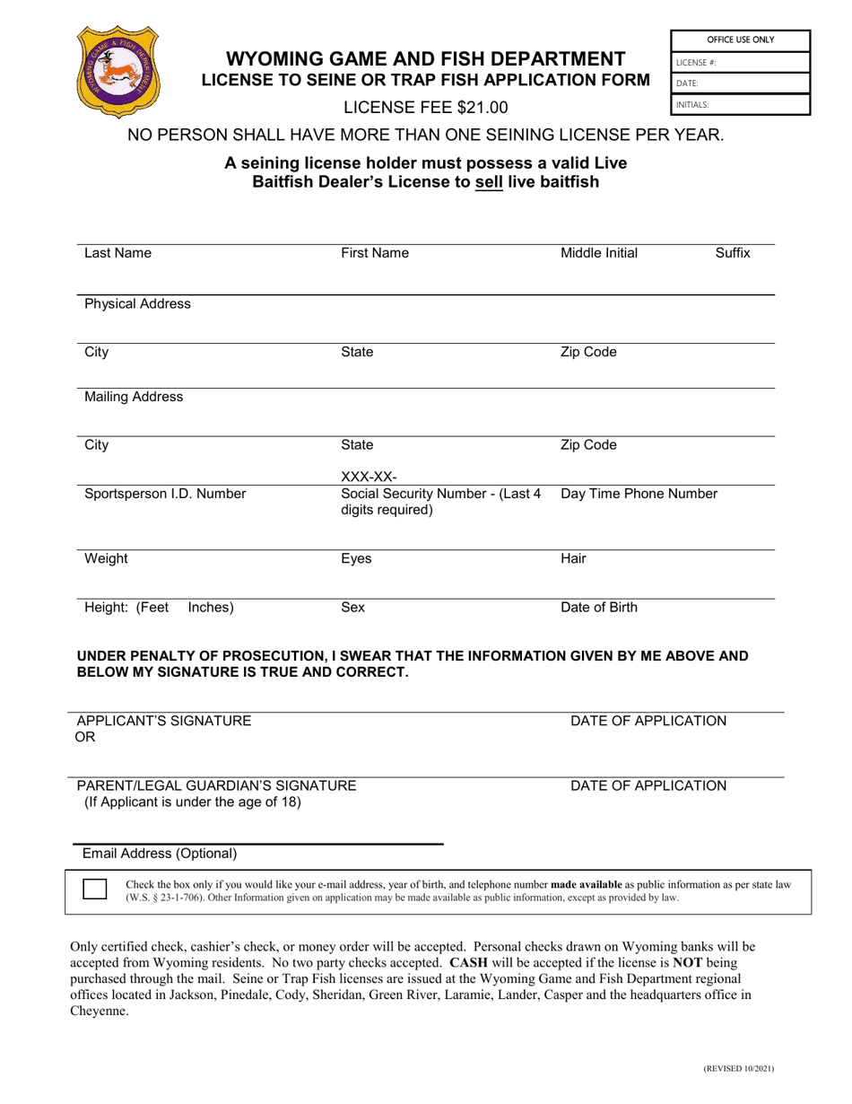 Wyoming License to Seine or Trap Fish Application Form Fill Out, Sign